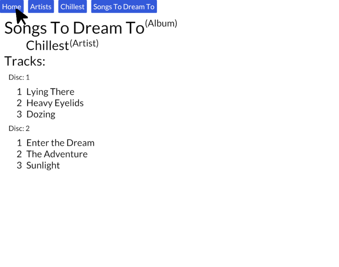 Screenshot of Album Songs to Dream to Clicking Home